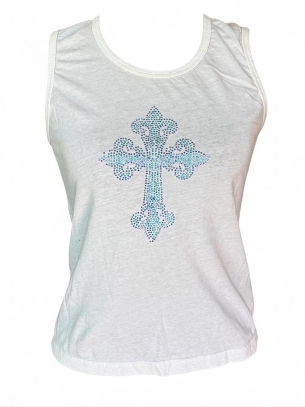 White Sleeveless Tank with Blue Rhinestone Cross